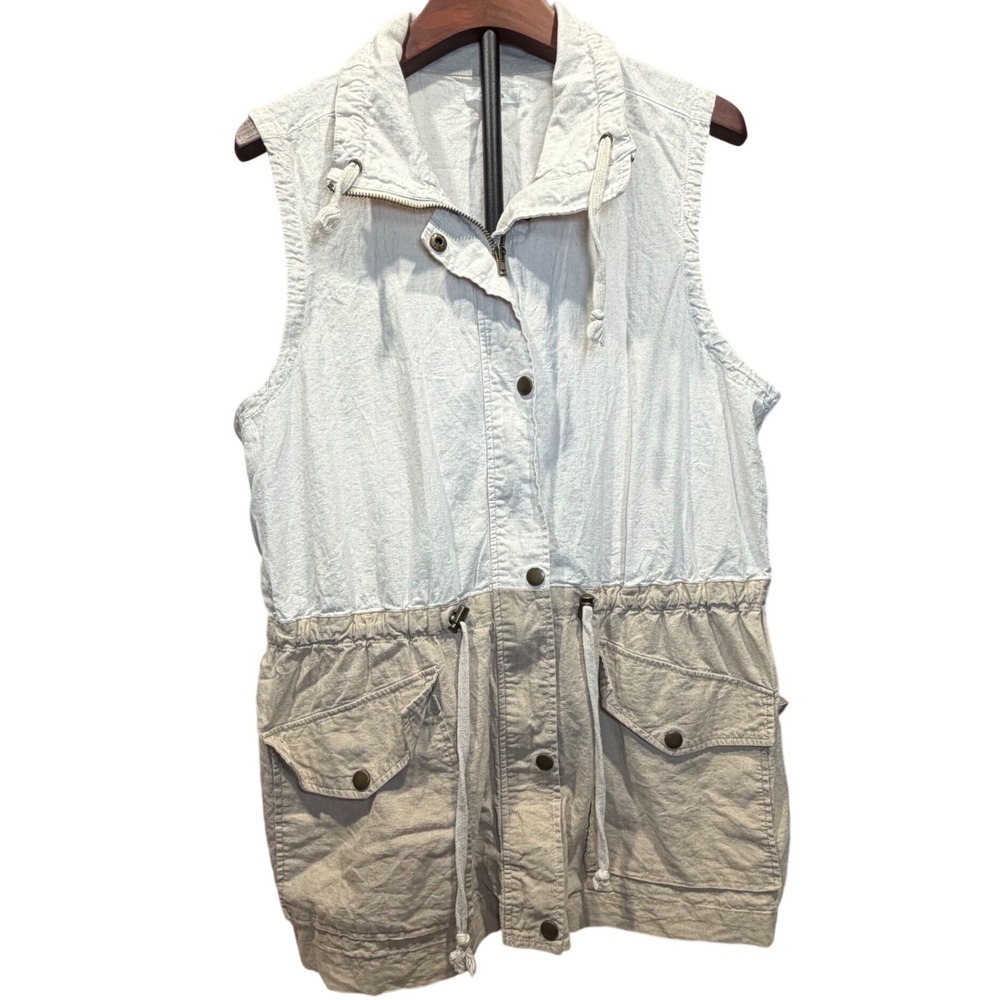 Maurices Womens XL Utility Vest Linen Cotton Colorblock Tan Cream Drawstring Zip